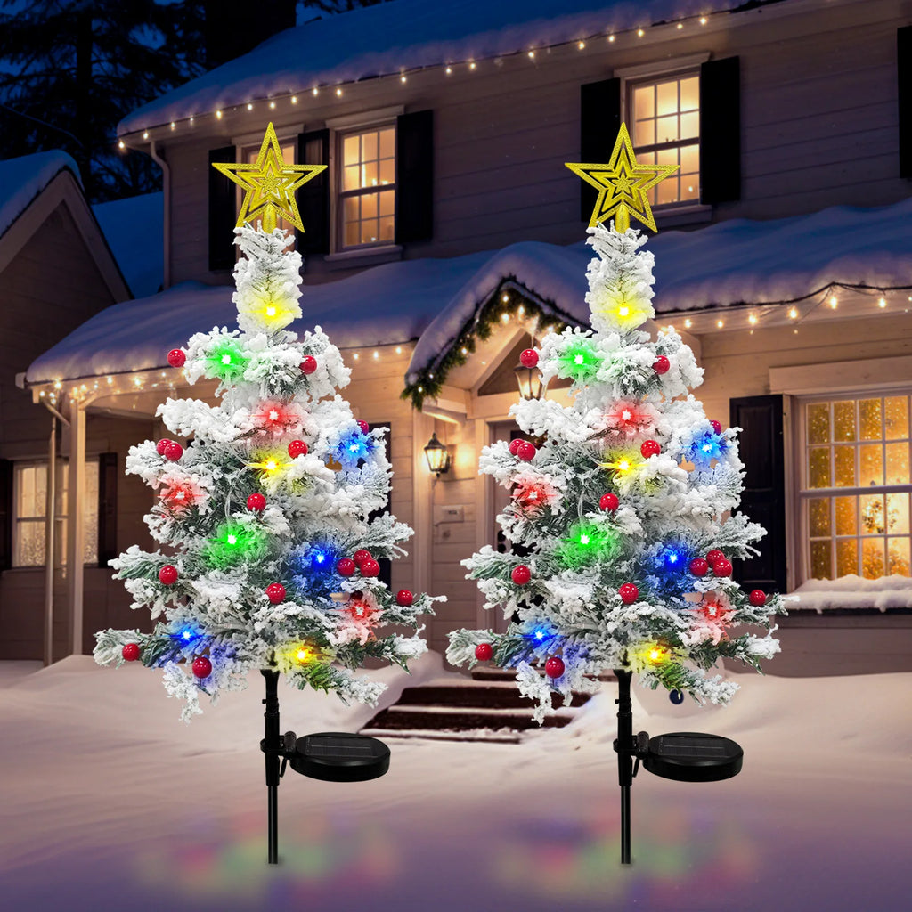 OurWarm 2 pcs Solar Christmas Tree Outdoor Christmas Decor, 29In Flocked Christmas Tree , Mini Small Christmas Tree with 40LED