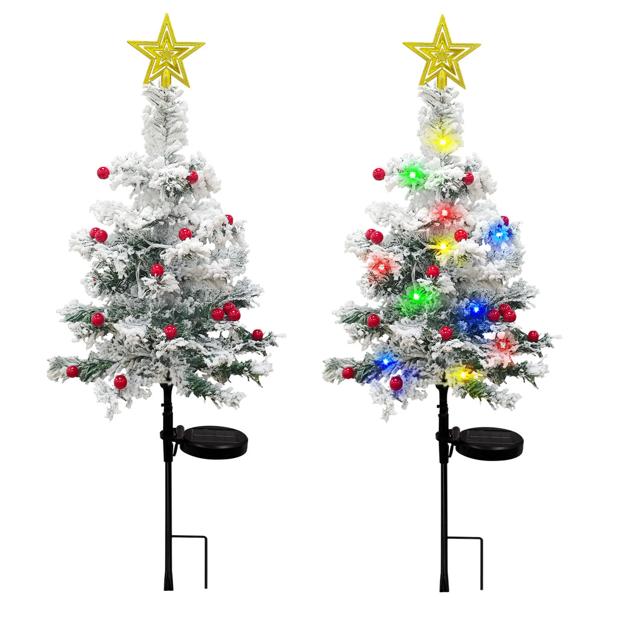 OurWarm 2 pcs Solar Christmas Tree Outdoor Christmas Decor, 29In Flocked Christmas Tree , Mini Small Christmas Tree with 40LED