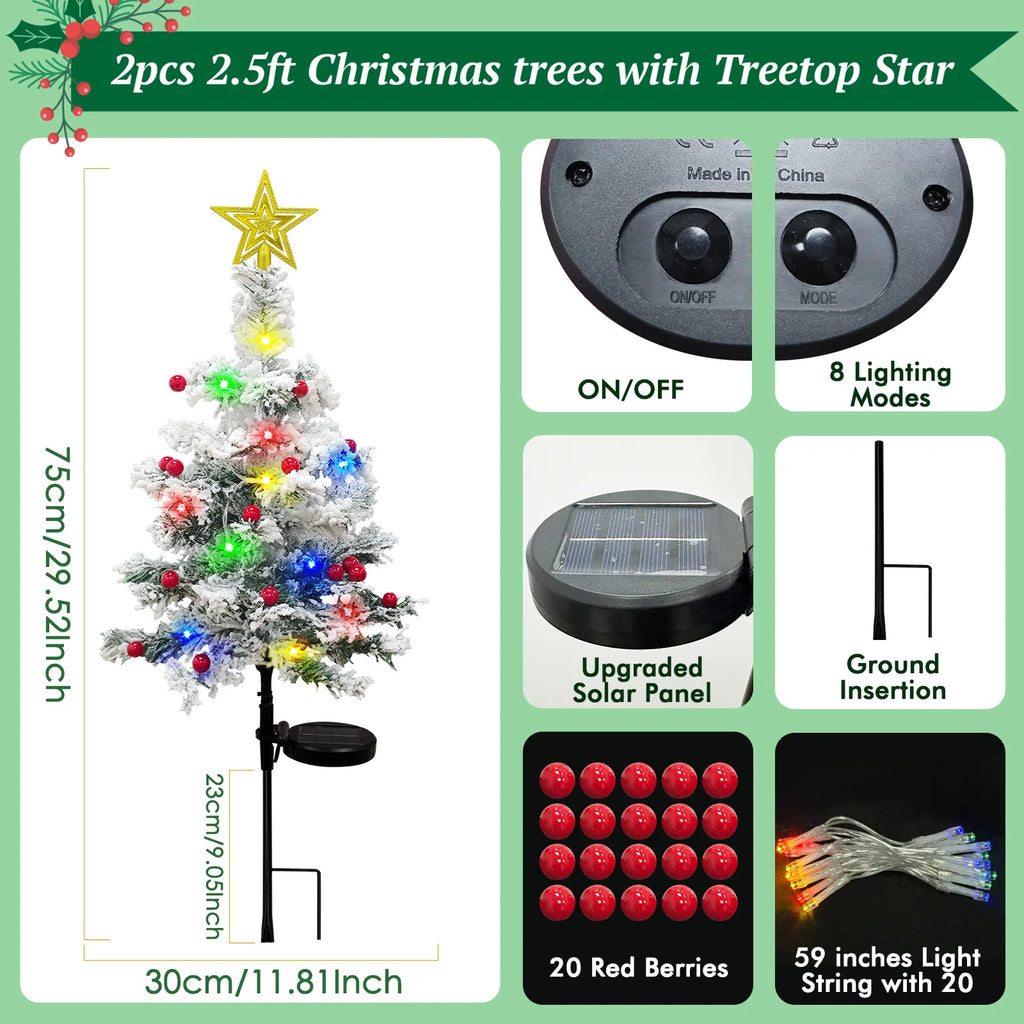 OurWarm 2 pcs Solar Christmas Tree Outdoor Christmas Decor, 29In Flocked Christmas Tree , Mini Small Christmas Tree with 40LED